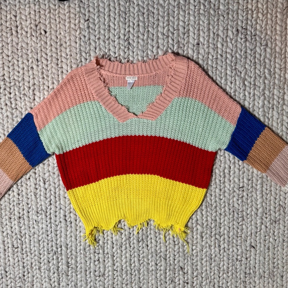 MAIN STRIP: Striped V-Neck Sweater in Pink, Mint, Red, Yellow, Blue, Tan